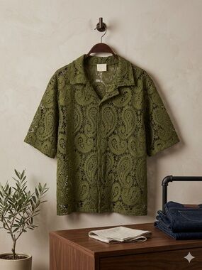 Nostalgia Olive Green Crochet Button-Down Shirt